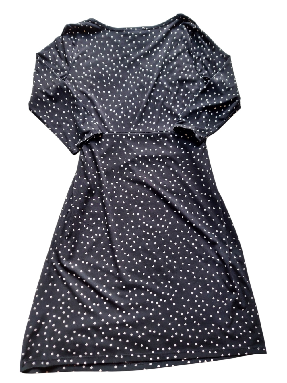 Ellen Tracy Black White Polka Dot Faux Wrap Dress M Side Zip Ruched Stretch - Picture 11 of 15